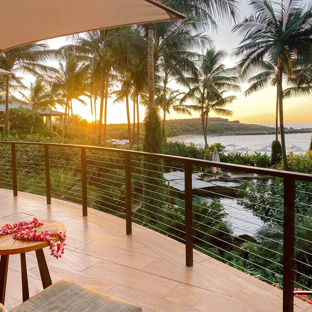 A view of the waters in Lanai from the balcony of a room at the Four Seasons Hotel