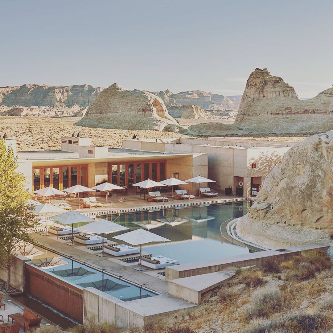 Ariel view of pool at Amangiri Hotel in Utah