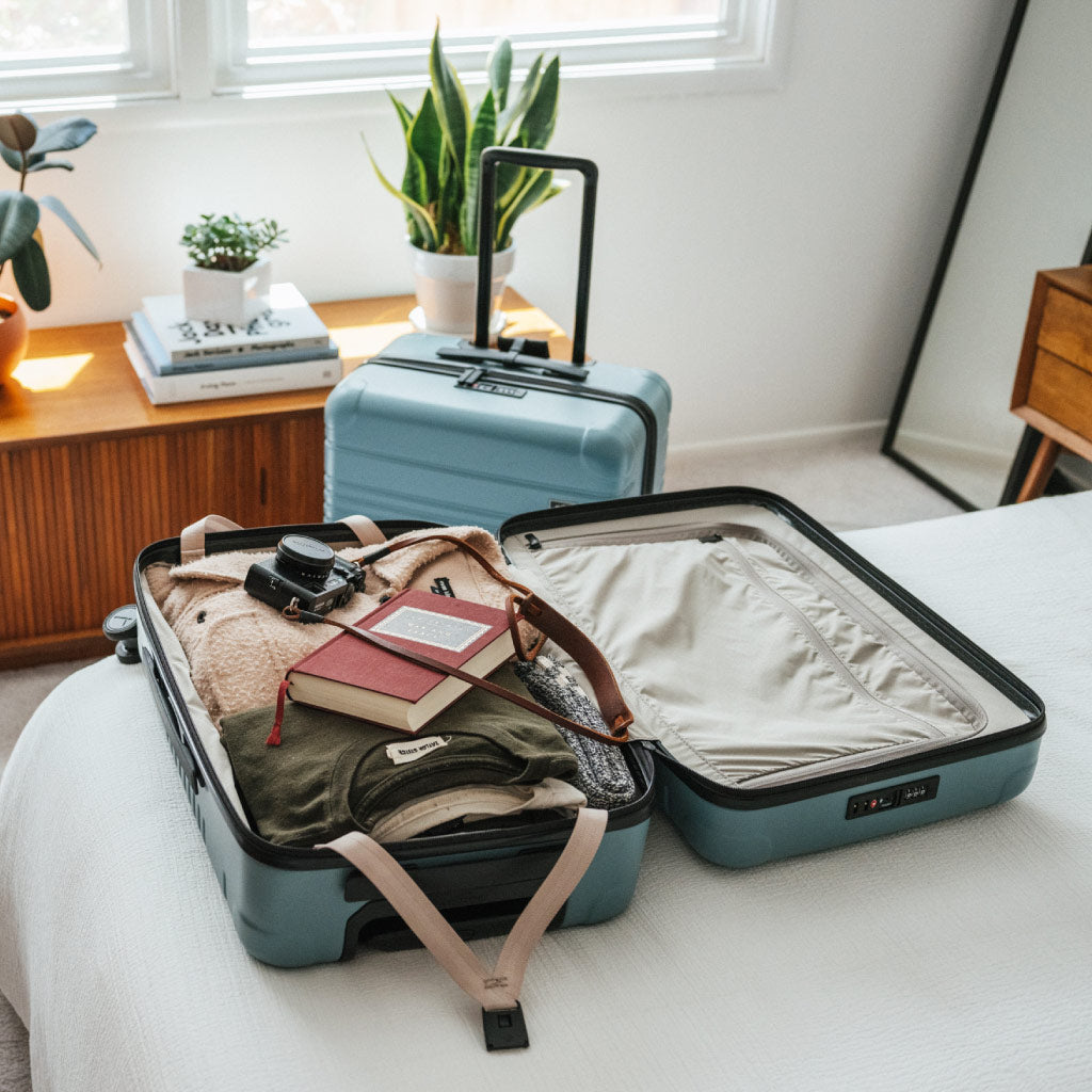 carry-on open on bed.