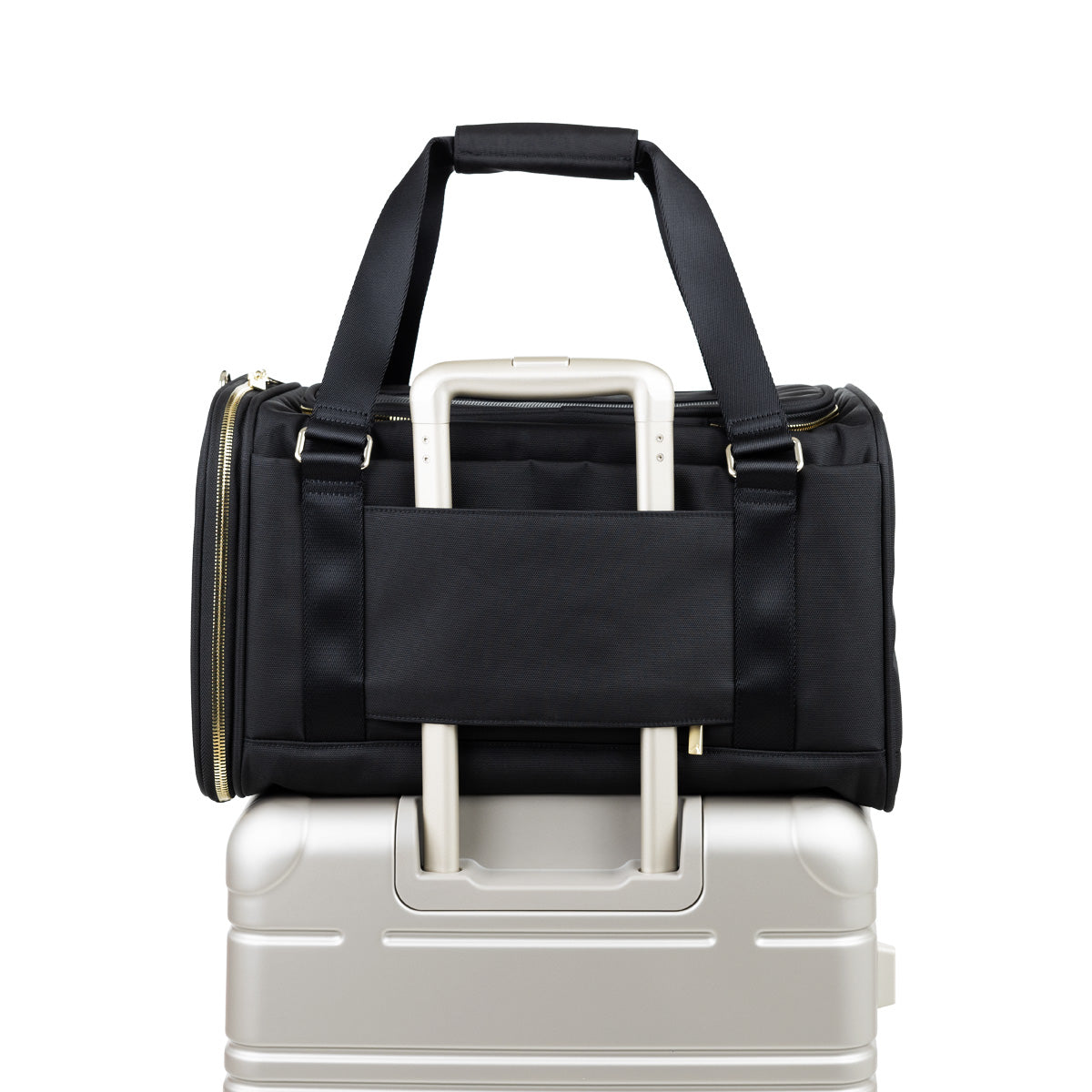 pet carrier back view with sleeve over luggage