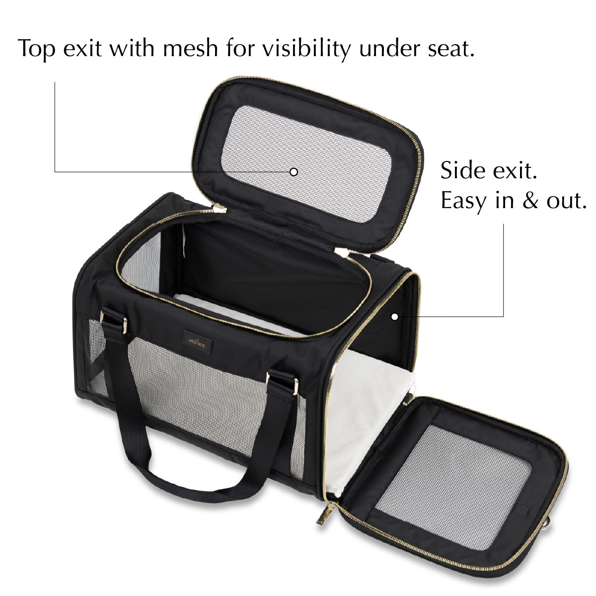 pet carrier with top and side exits open.