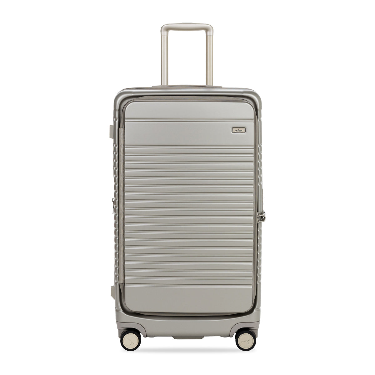 champagne trunk front view with wheels and handle on a white background