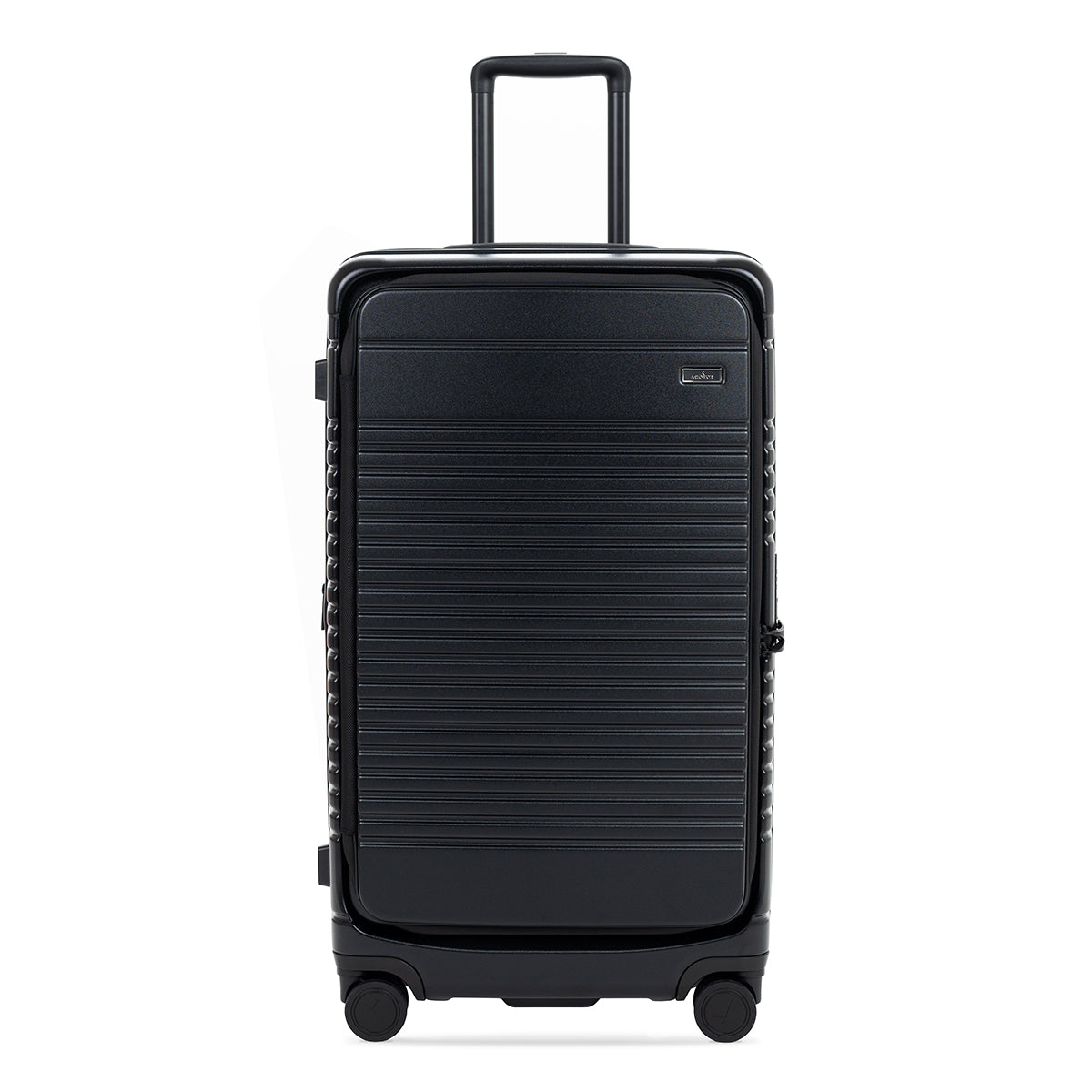 black trunk front view with wheels and handle on a white background