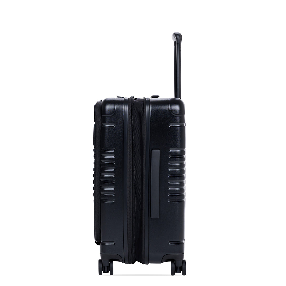 black carry-on max with front pocket side view expanded