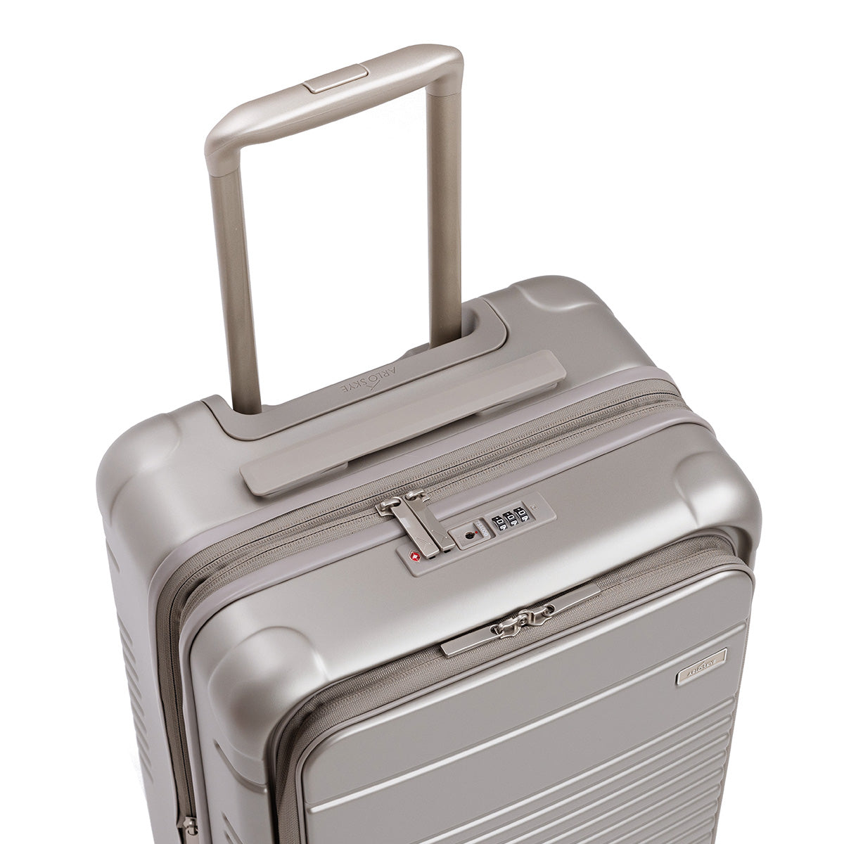 expandable champagne carry-on max with front pocket lock view