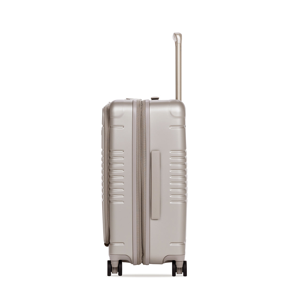 champagne carry-on max with front pocket side view with side handle visible