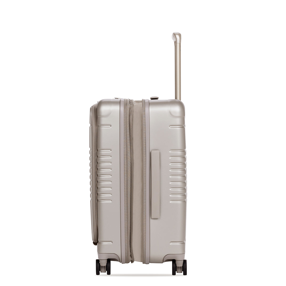 champagne carry-on max with front pocket side view with side handle visible and expanded.