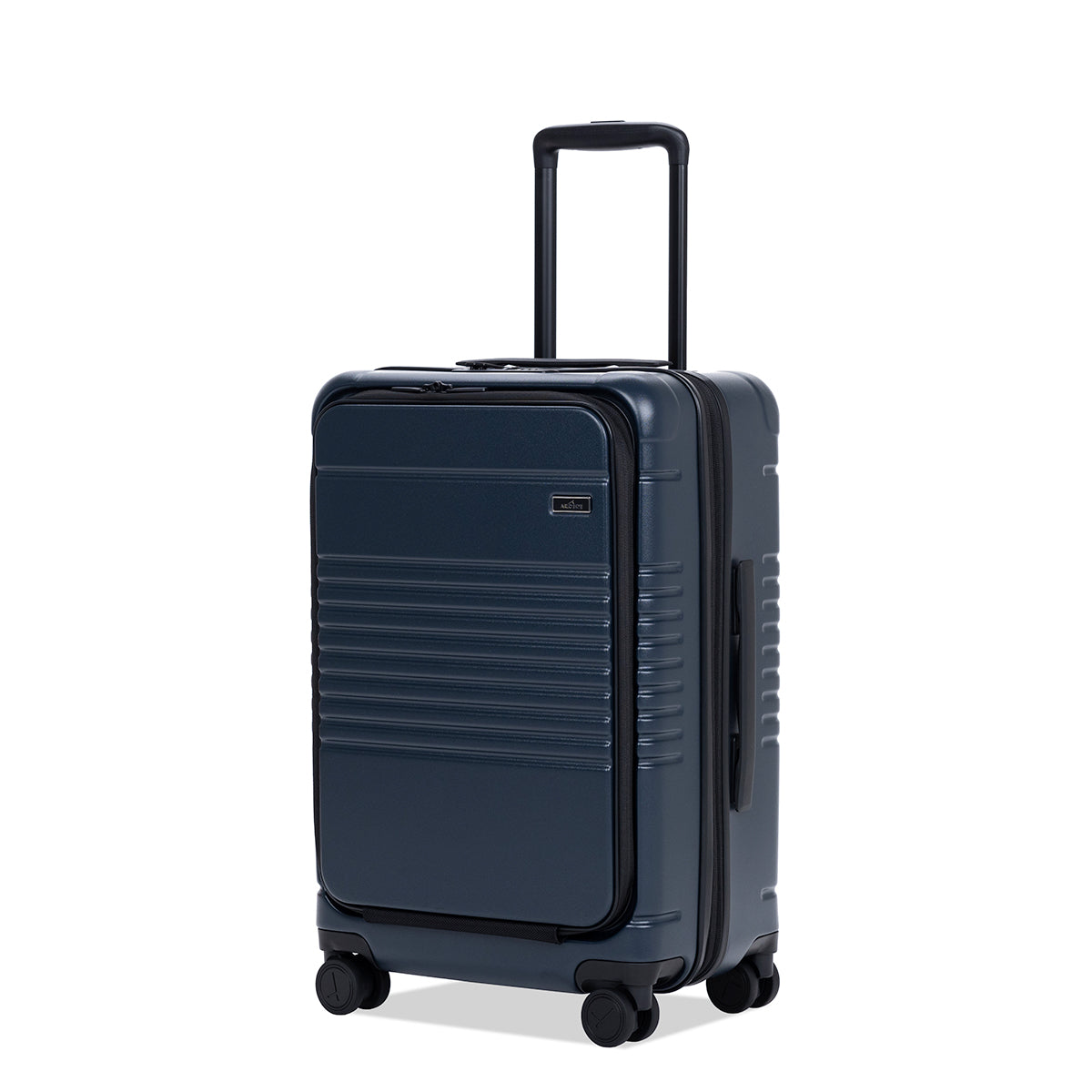 navy carry-on max with front pocket - angled view