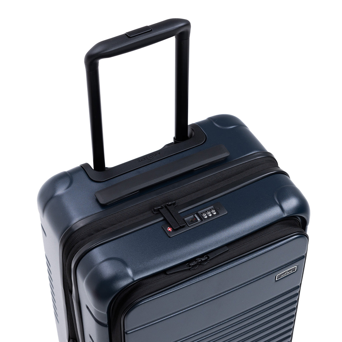 navy carry-on max with front pocket lock view