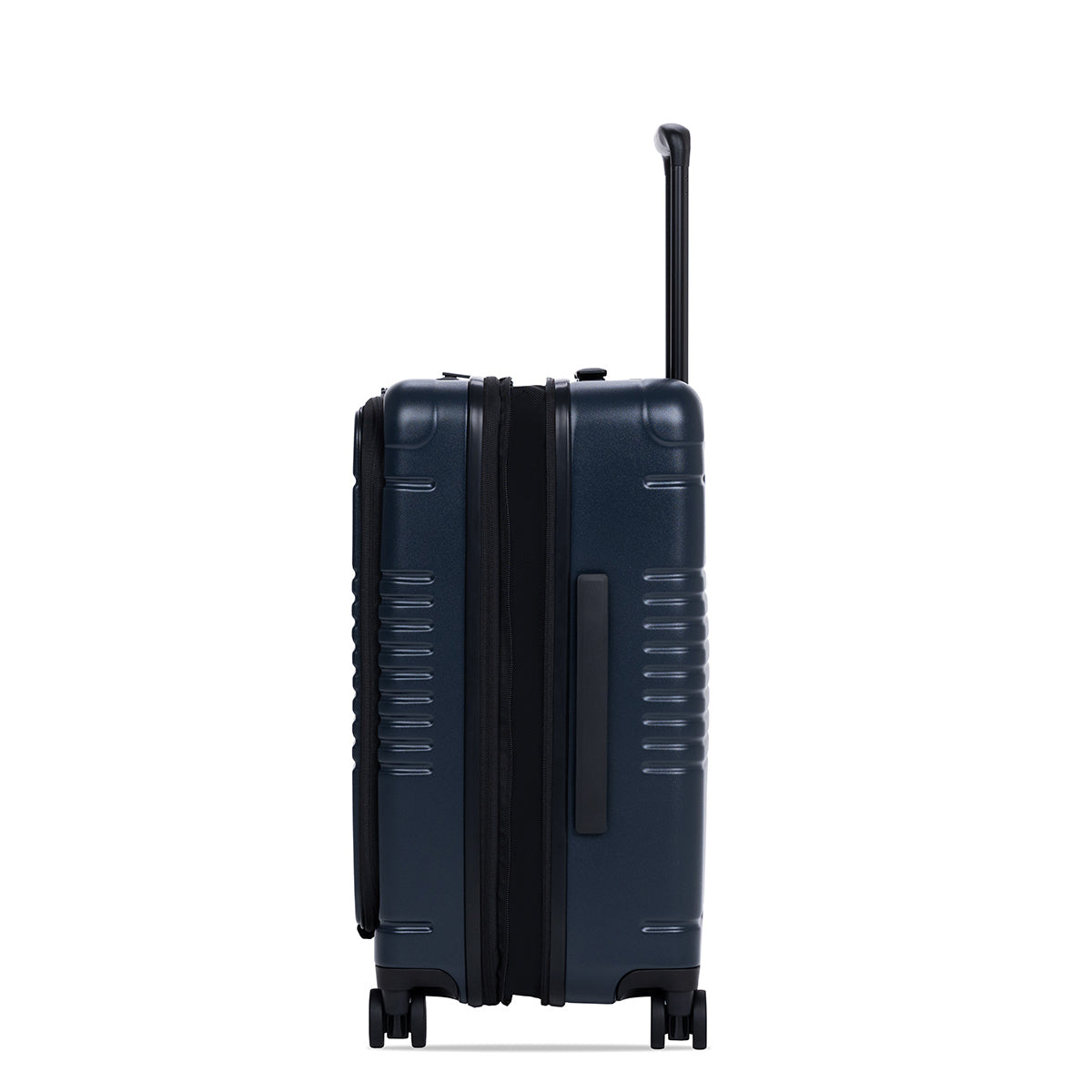navy carry-on max with front pocket side view expanded
