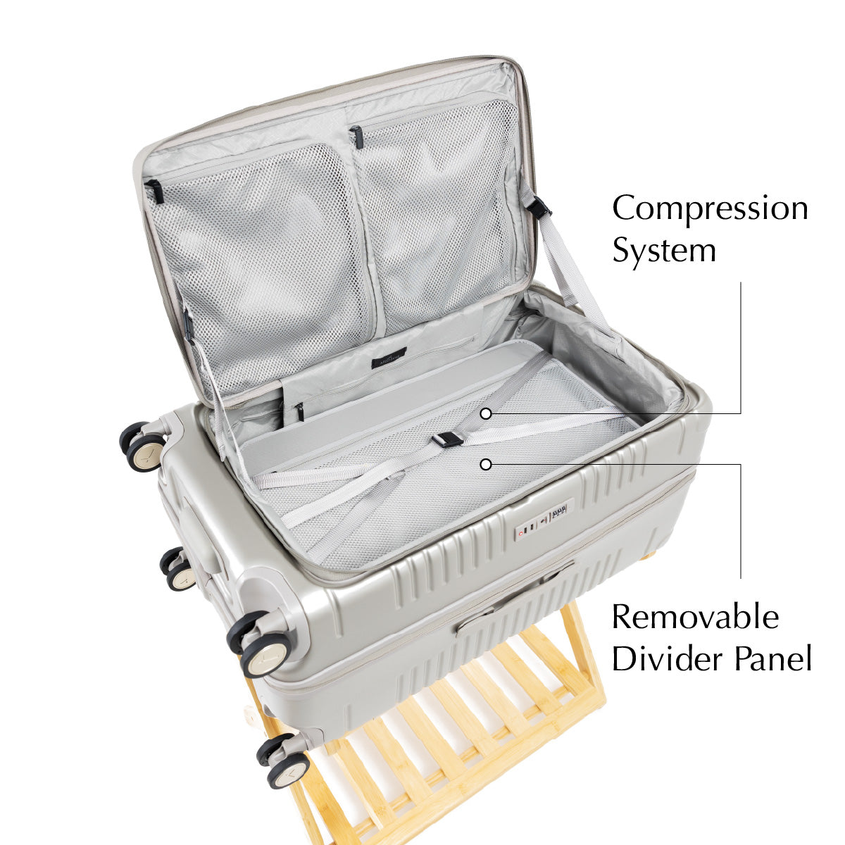 champagne trunk interview view with removable divider and compression straps