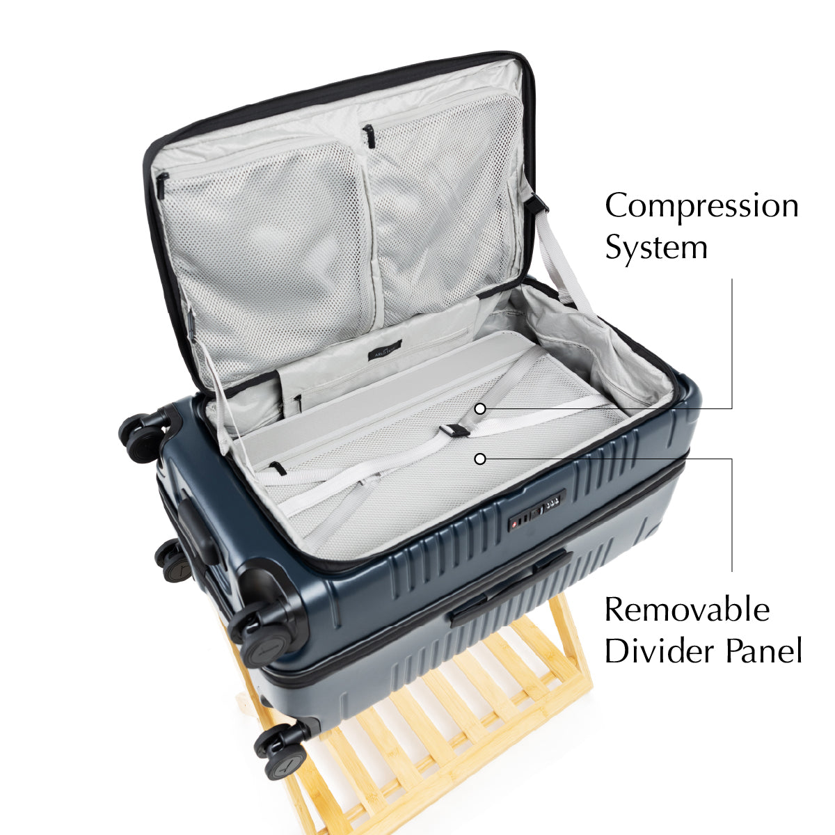 trunk interior view with divider panel and straps - navy