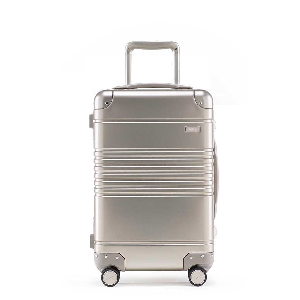 Front view of the frame carry-on in champagne aluminum edition