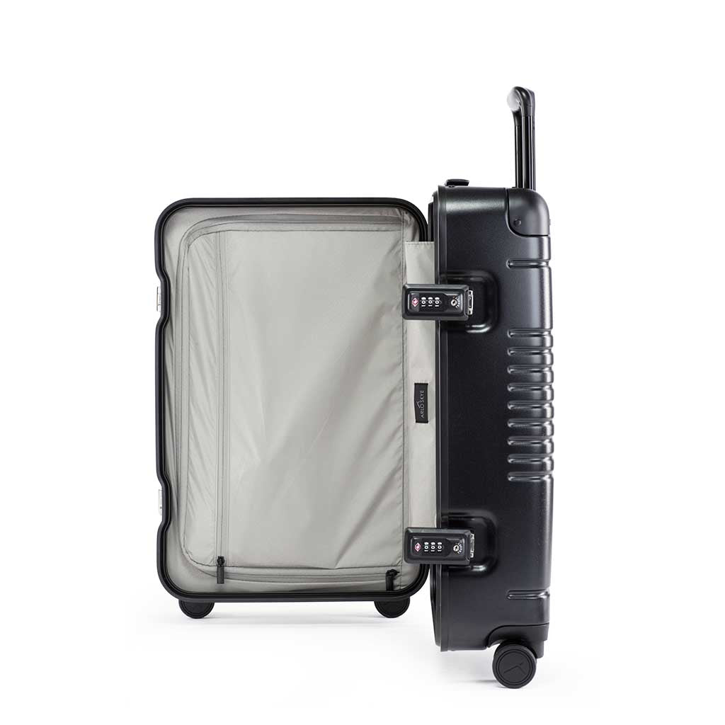 Side view of the frame carry-on max in black showing the interior of the right shell