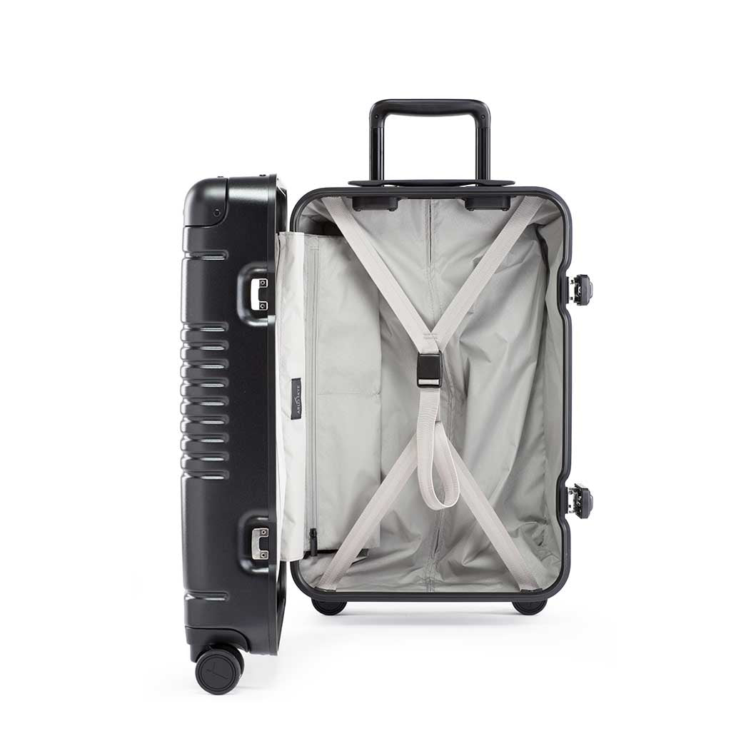 Side view of the frame carry-on max in black showing the interior of the left shell