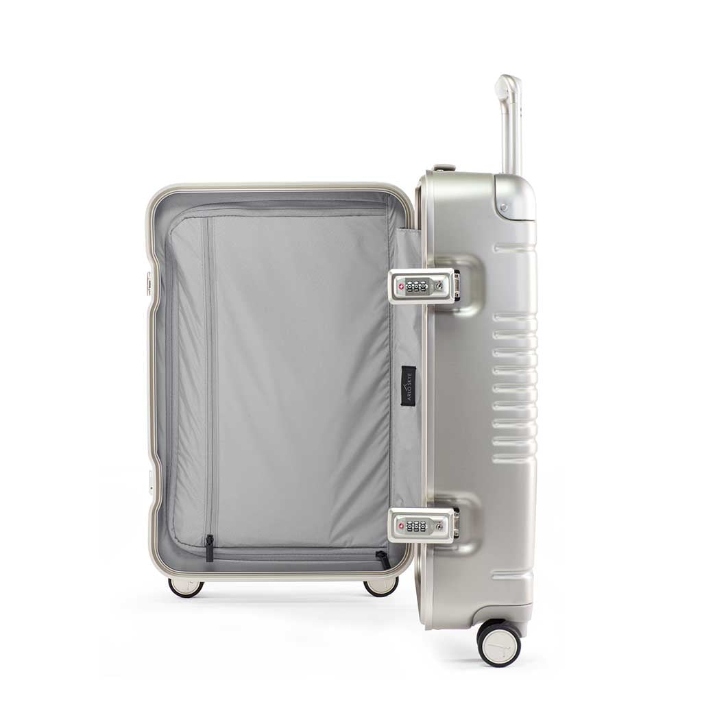 Side view of the frame carry-on max in champagne showing the interior of the right shell