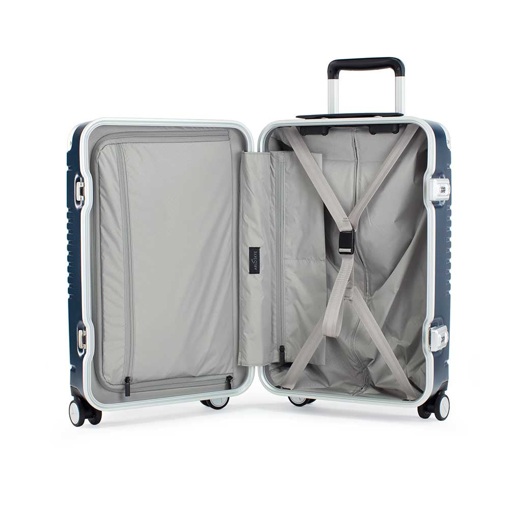 Open frame carry-on max in navy blue bag showing both sides of the interior