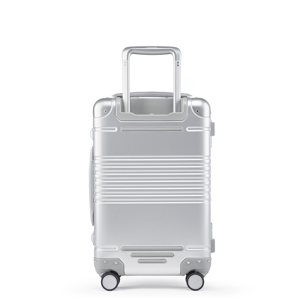 Back view of the frame carry-on in silver aluminum edition 