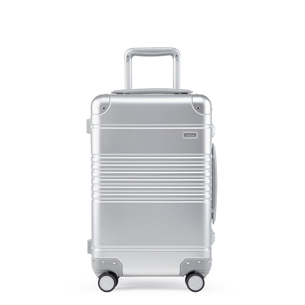 Front view of the frame carry-on in silver aluminum edition 