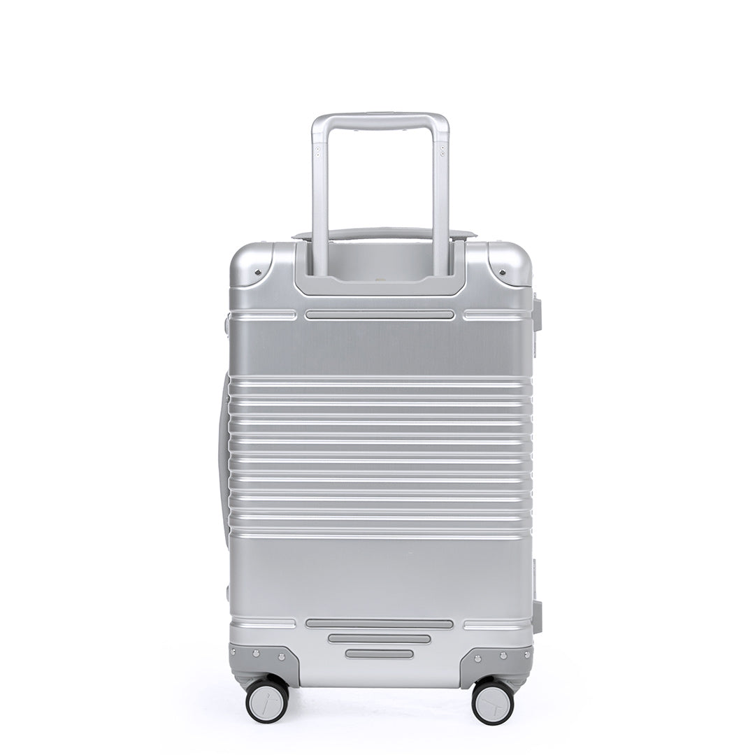 Back view of the frame carry-on max in silver aluminum edition