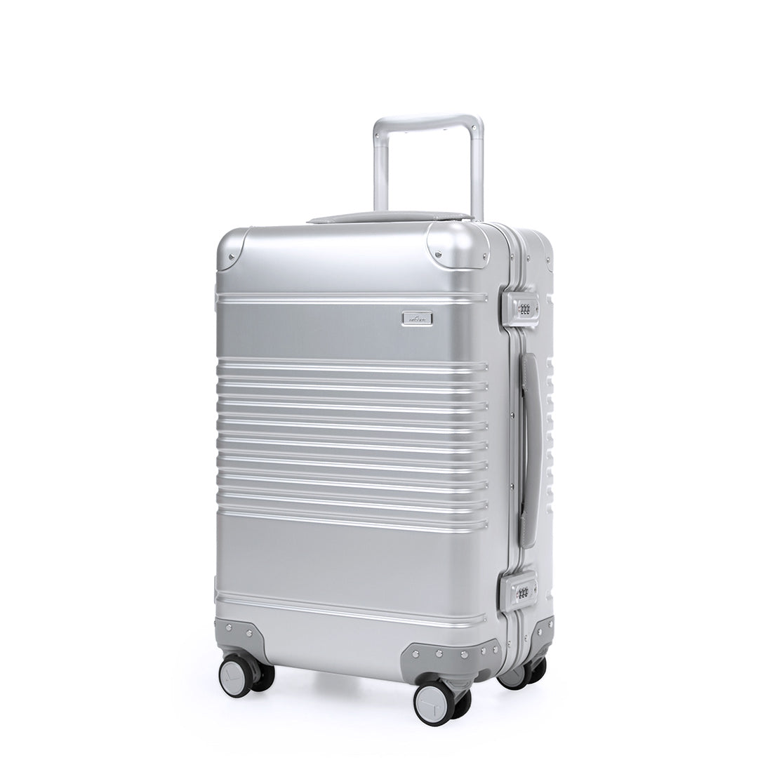 Front three quarter angled view of the frame carry-on max in silver aluminum edition