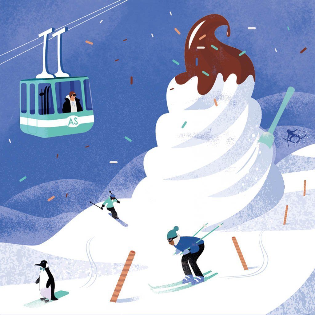 Arlo Skye designed note card with illustration of people skiing on a sundae