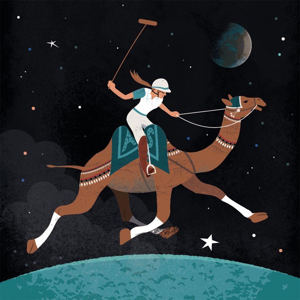 Arlo Skye designed note card with illustration of a woman on camelback playing polo on the moon
