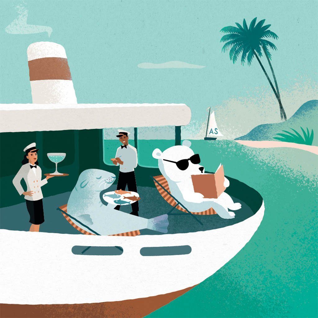 Arlo Skye designed note card with illustration of a polar bear and a seal on a cruise vacation