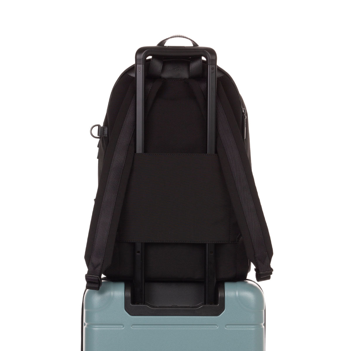 black backpack - back view on carry-on