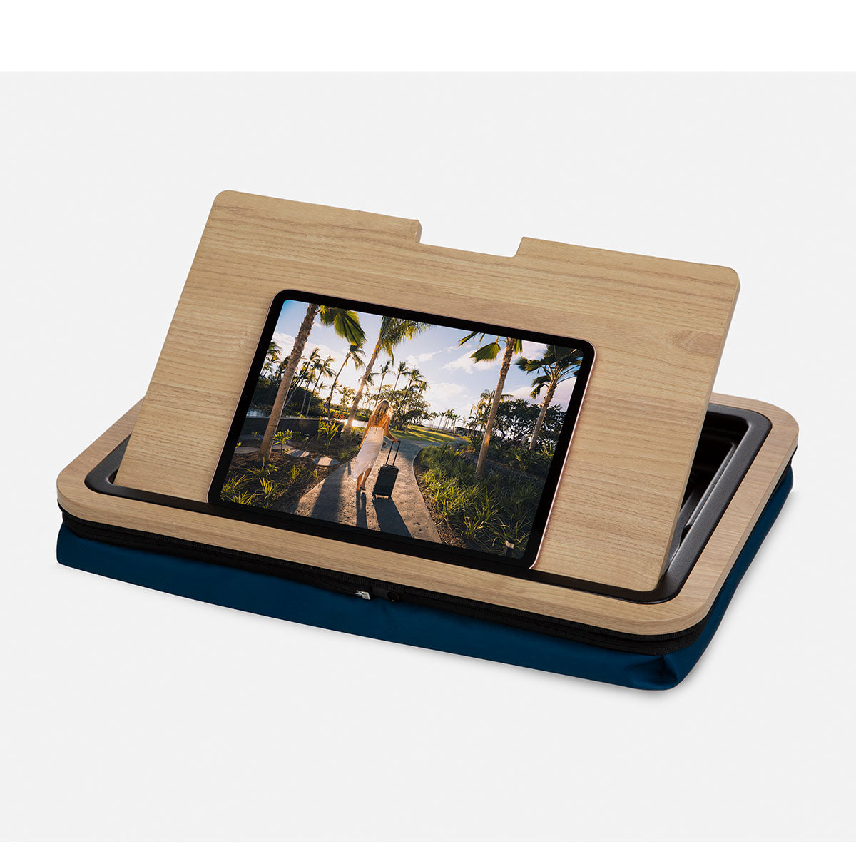 Back view of Lap Desk with Lid tilted at 45 degree angle with iPad mounted on lid.
