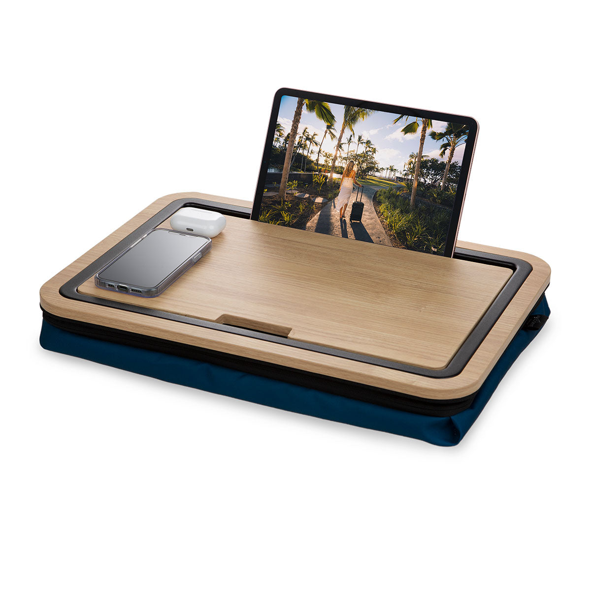 Front view of lap desk with iPad mounted on the media slot.