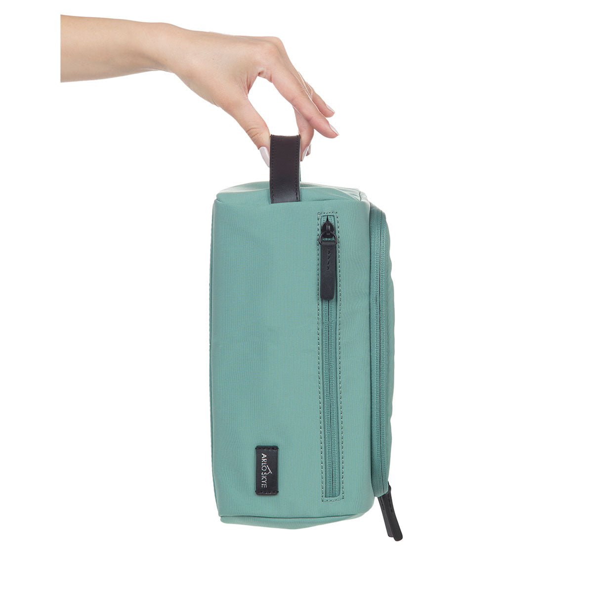 toiletry bag in mint color showing exterior view in vertical orientation.