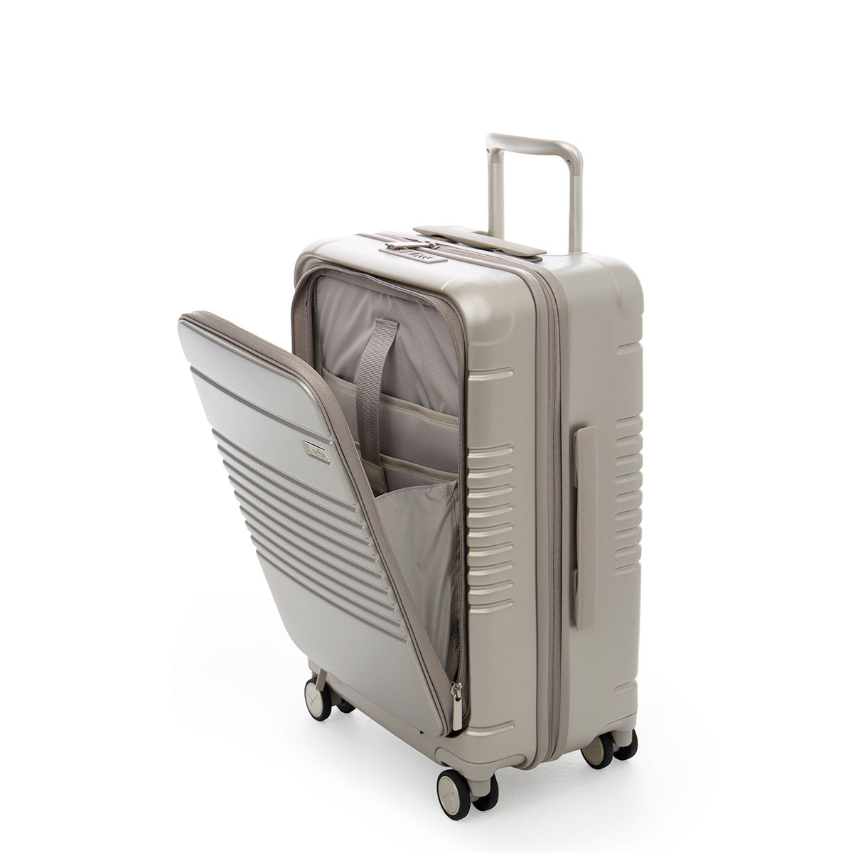 zipper carry-on max with front pocket in champagne color - side angle with pocket open