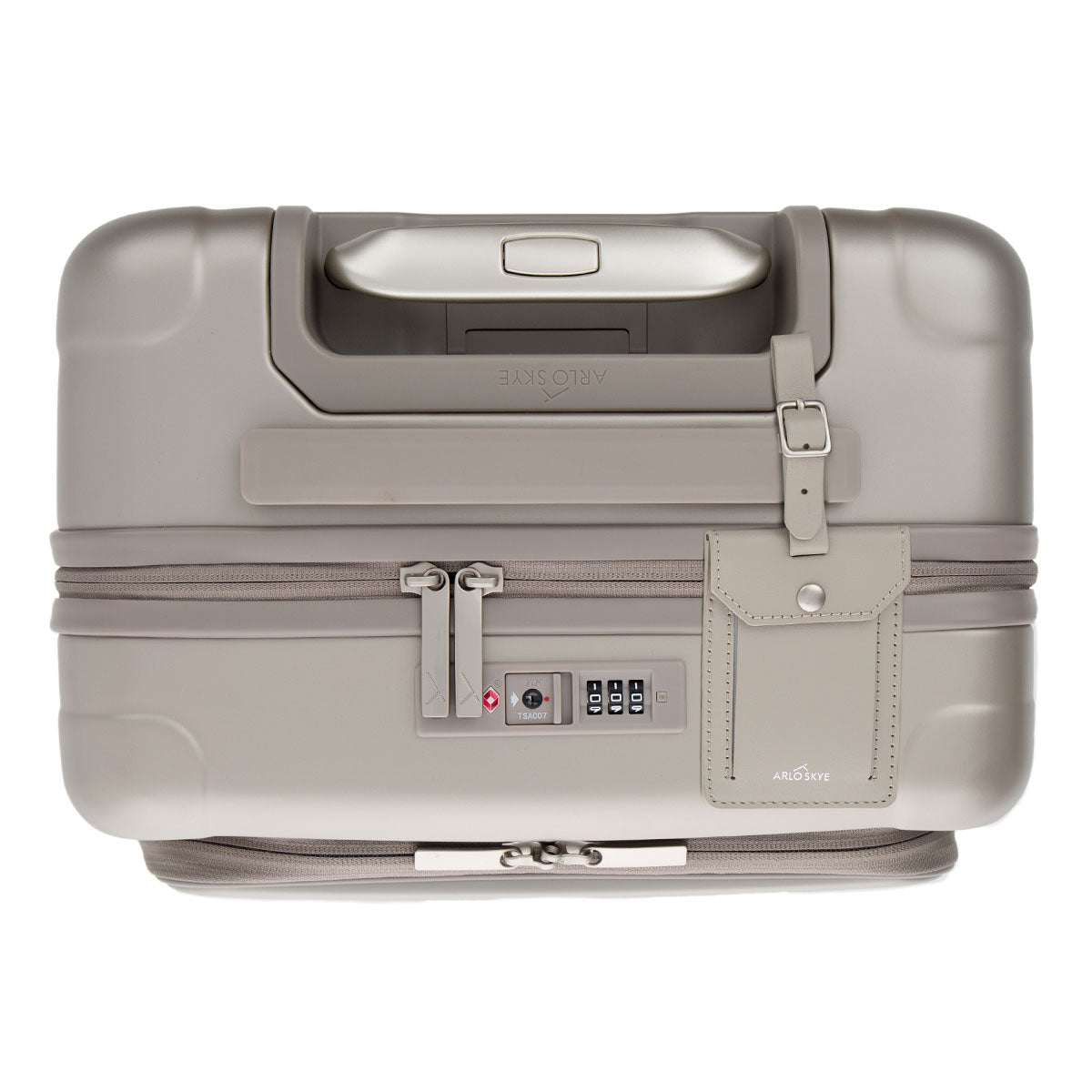 zipper carry-on max with front pocket in champagne color - lock and leather tag view from top down