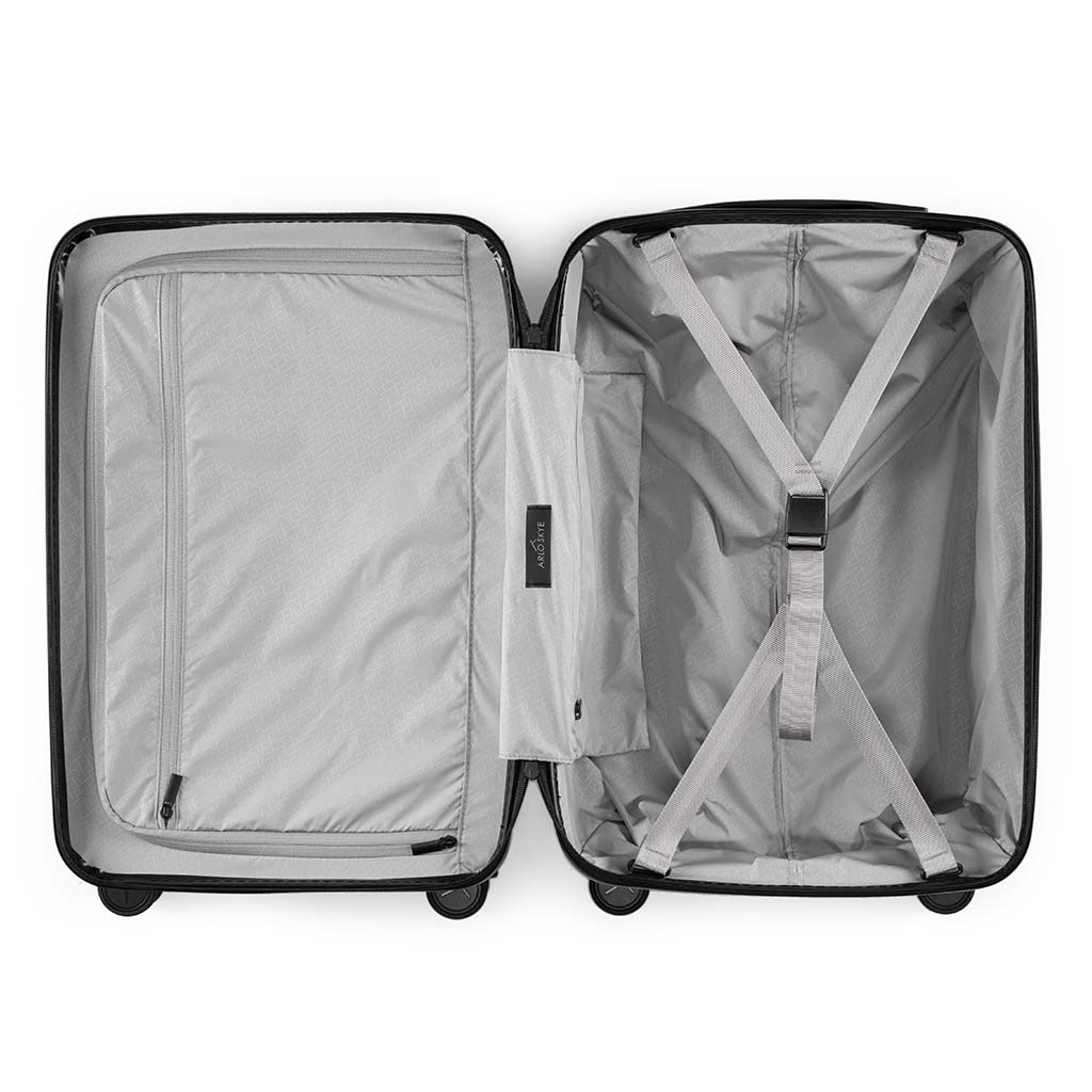 Open zipper carry-on max with front pocket showing both sides of the interior