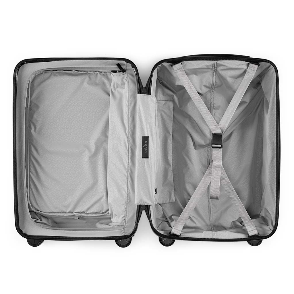 Open zipper carry-on max with front pocket in garnet showing both sides of the interior