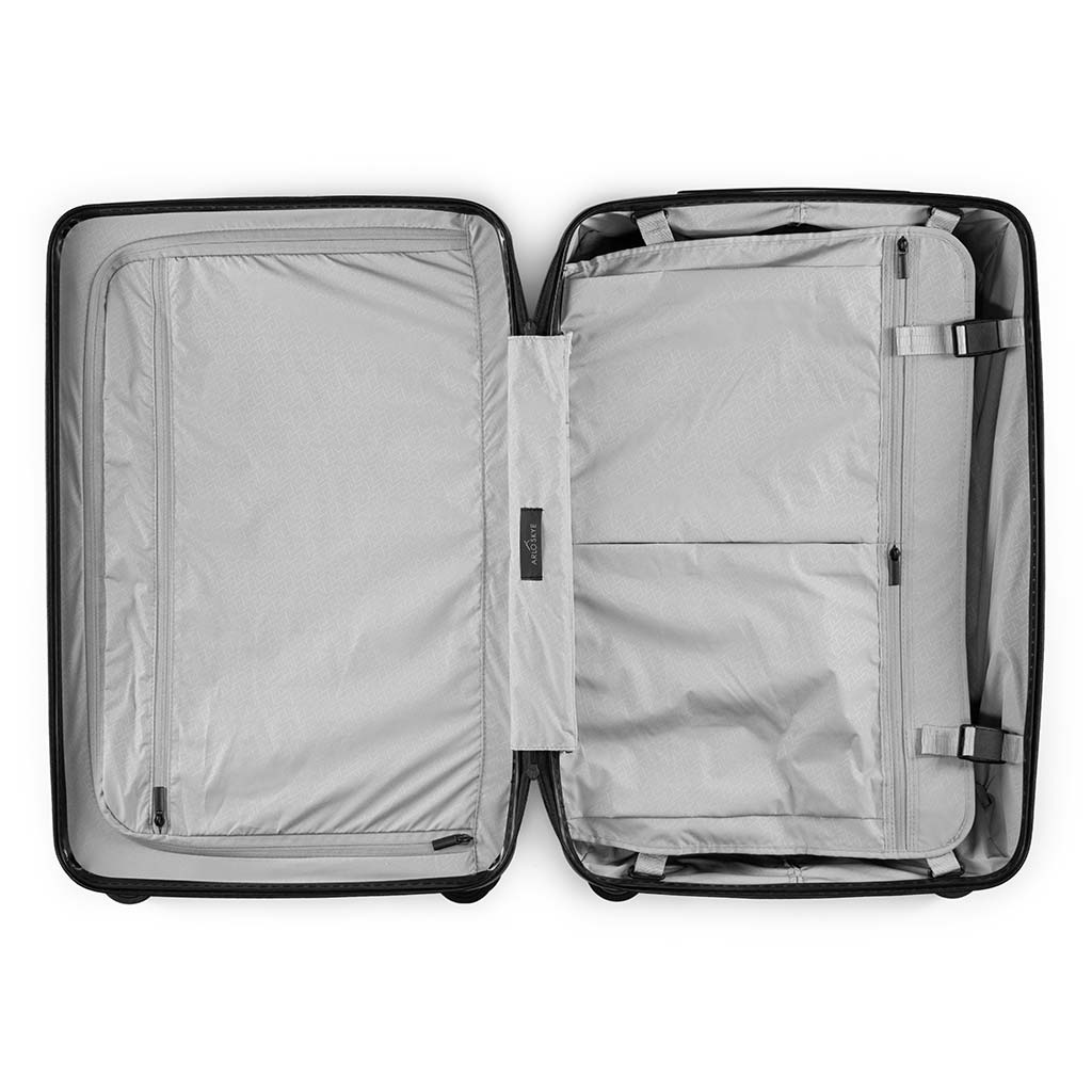 Open zipper check-in showing both sides of the interior