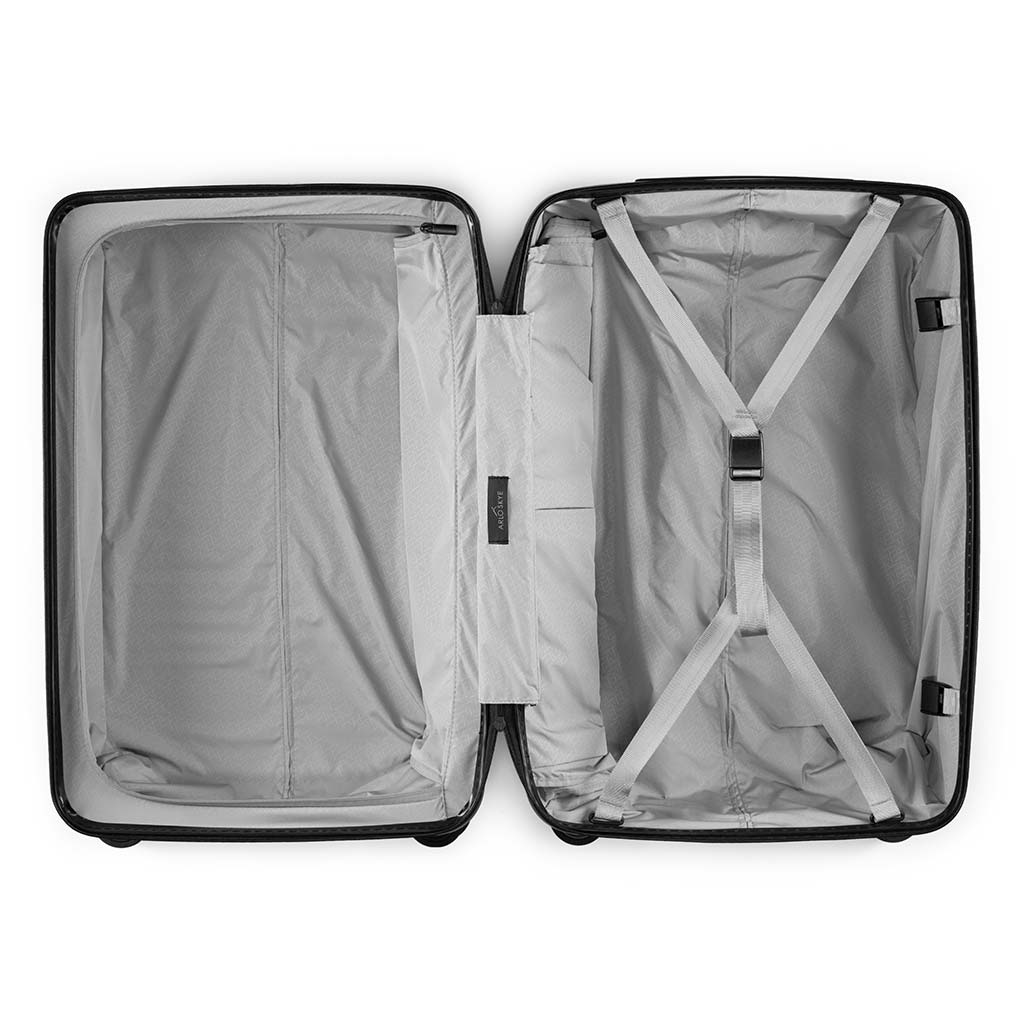 Open zipper check-in in garnet showing both sides of the interior