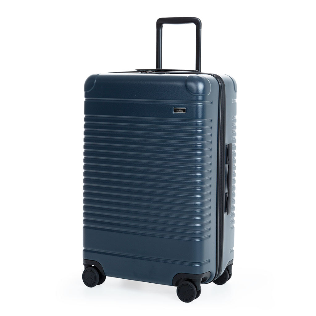 Left facing view of the zipper check-in in navy blue