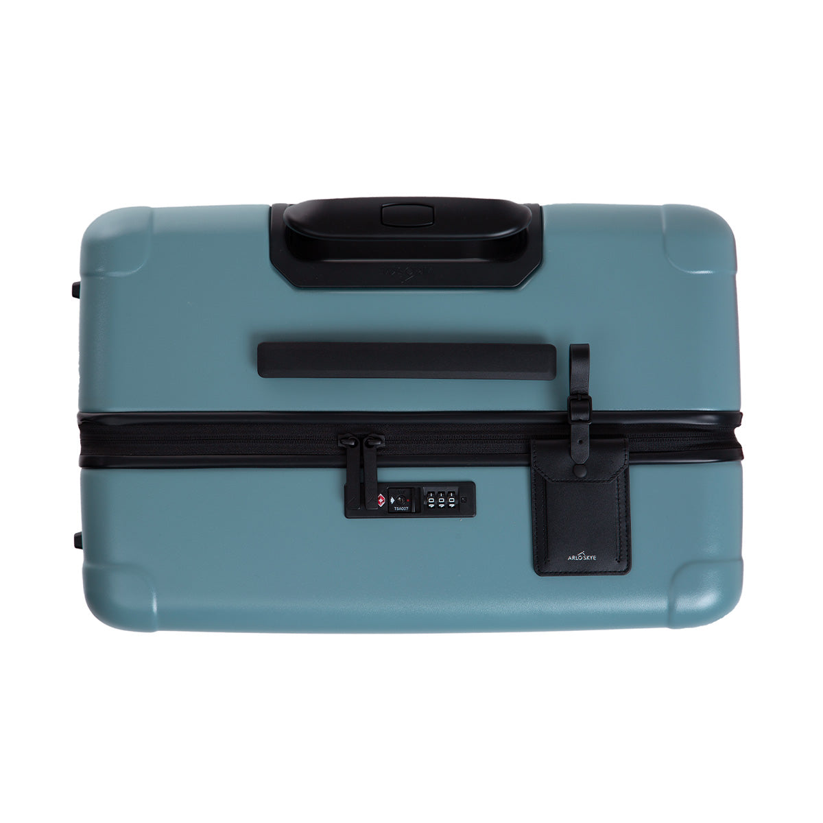 zipper check-in large in sea sage - top view where you can see the locks and leather tag.