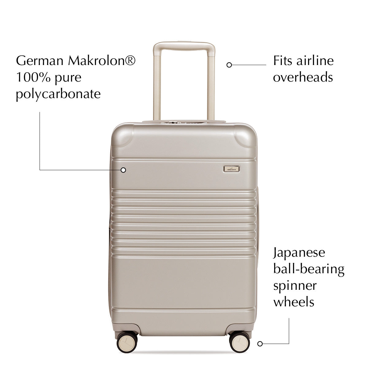Front view of the expandable carry-on max in champagne