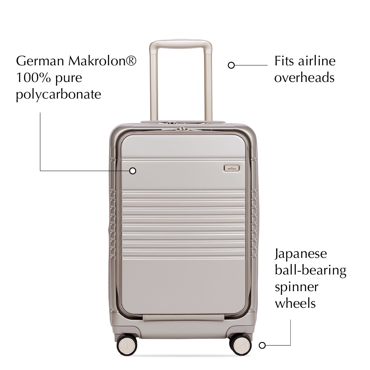 Front view of the expandable carry-on max with front pocket in champagne