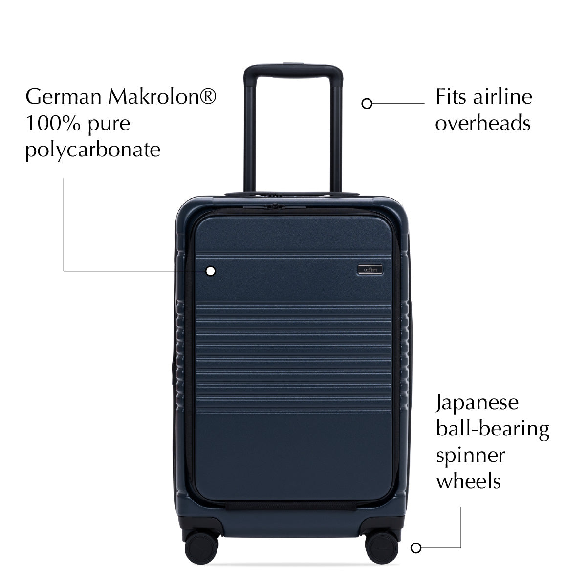 Front view of the expandable carry-on max with front pocket in navy