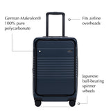 Front view of the expandable carry-on max with front pocket in navy