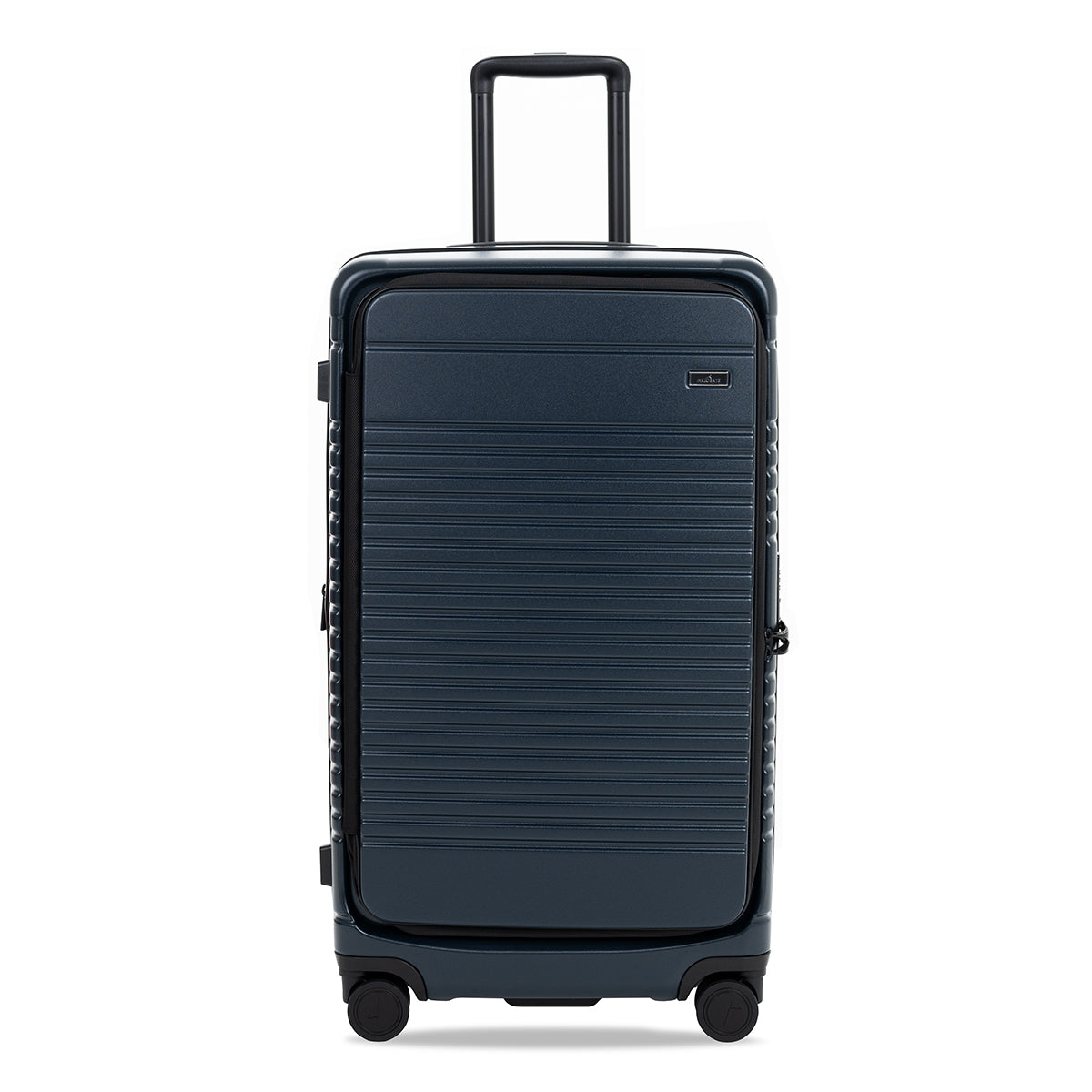 navy trunk front view with wheels and handle on a white background