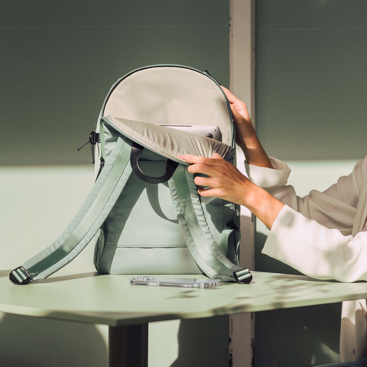 Mint backpack, lifestyle shot