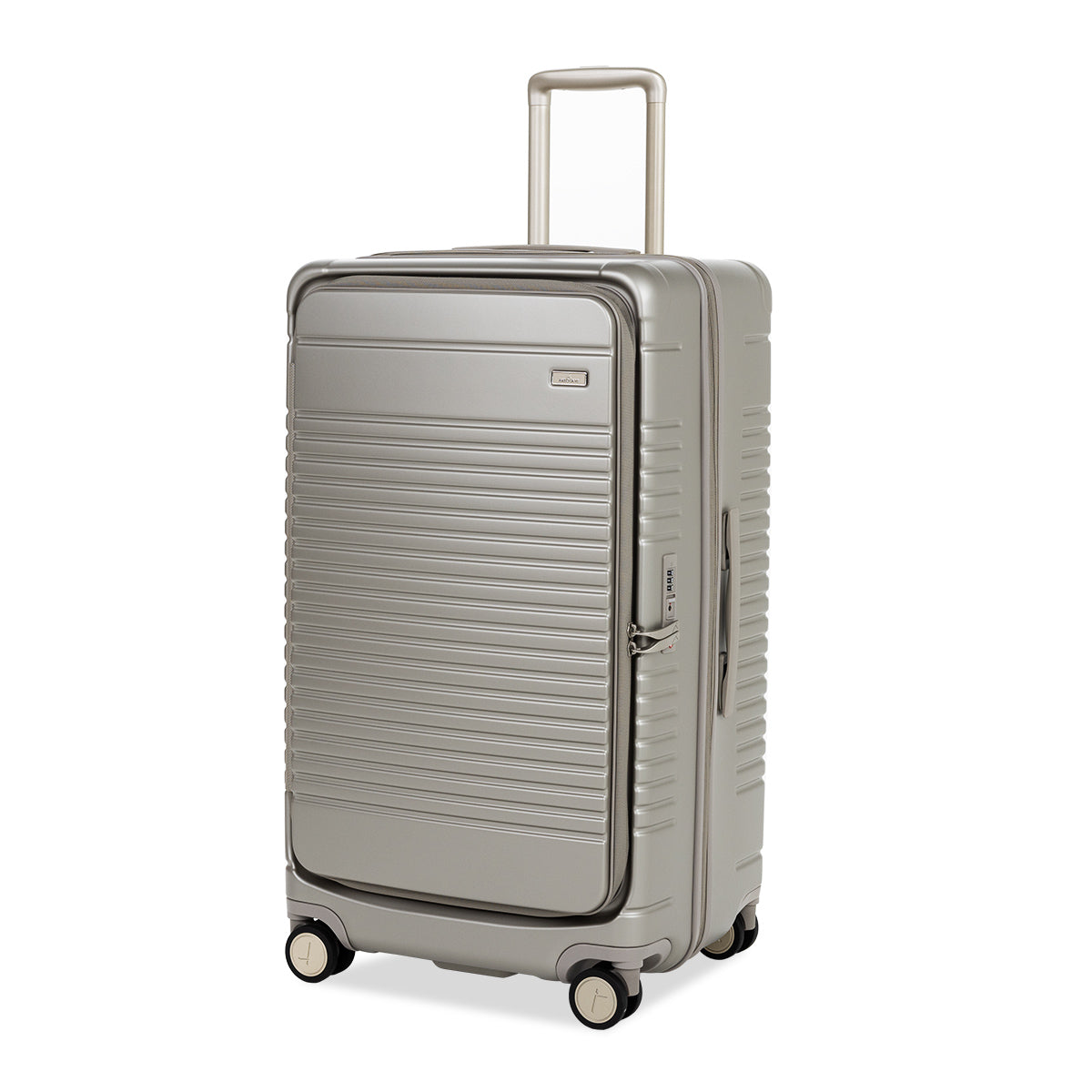 Arlo Skye Top-Load Expandable Trunk Large in Champagne, front angle view showing TSA lock