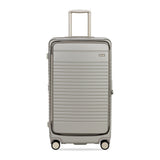 champagne trunk front view with wheels and handle on a white background