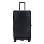 black trunk front view with wheels and handle on a white background