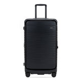 black trunk front view with wheels and handle on a white background